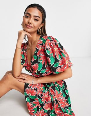Wednesday's Girl puff sleeve wrap dress in bright floral
