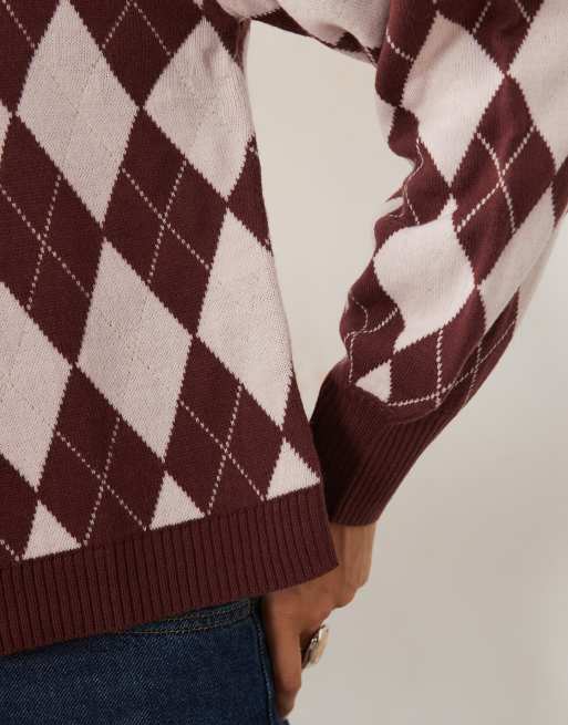 Wednesdays Girl - Pull col montant à motif losanges - Rose, 3 de 4