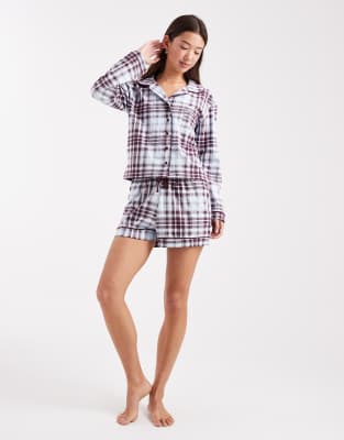 Wednesday's Girl - Pyjama in Lila kariert mit langärmligem Hemd und Shorts