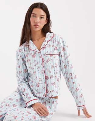 Wednesday's Girl - Pyjama mit Croissantmuster, bestehend aus langärmligem Hemd und Hose-Blau