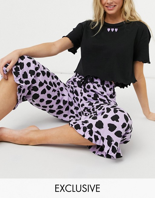 Wednesday's Girl pyjama set with lettuce hem heart detail t-shirt & smudge print culottes