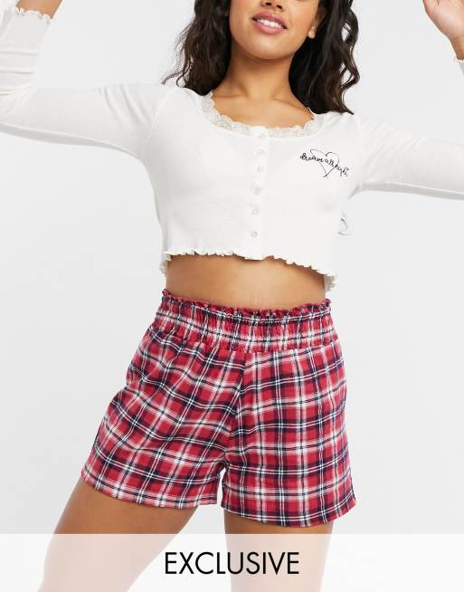 Wednesday's Girl pyjama set with rib long sleeve top & check shorts | ASOS