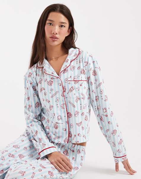 Wednesday's Girl - Pyjamaset van overhemd met lange mouwen en broek met croissantprint - view 1