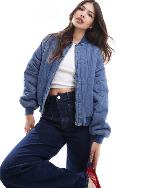 Wednesday's Girl quilted denim effect washed bomber jacket in mid blue, 2 of 4