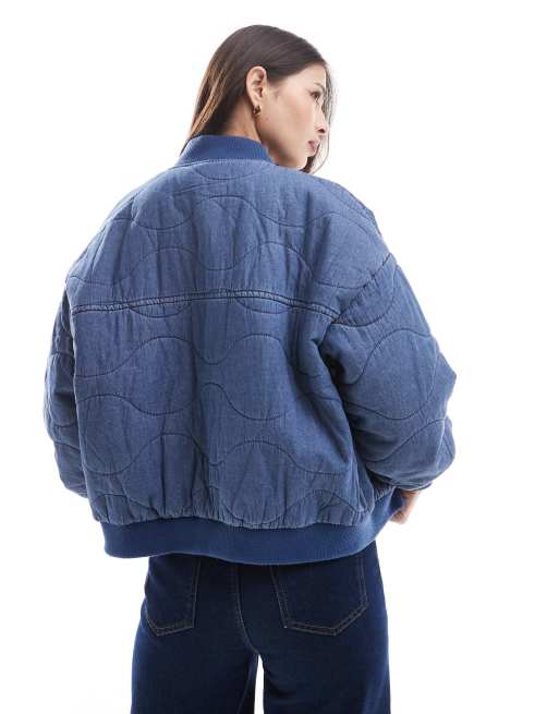Wednesday's Girl quilted denim effect washed bomber jacket in mid