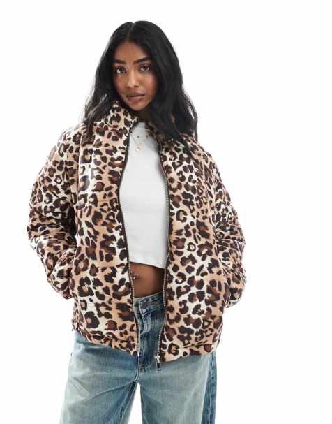 Wednesday's Girl quilted leopard print bomber jacket in brown - view 1