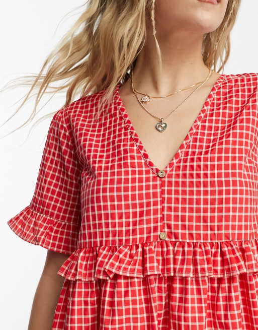 Wednesday's Girl - Rød mini-smock-kjole med tern, 2 af 4