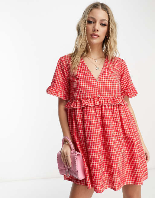 Wednesday's Girl - Rød mini-smock-kjole med tern, 3 af 4