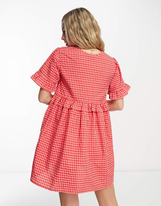 Wednesday's Girl - Rød mini-smock-kjole med tern, 4 af 4