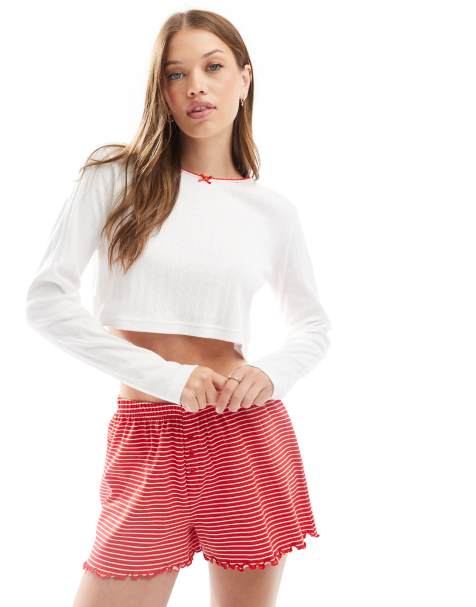 Wednesday's Girl - Rødt pyjamassæt med lange ærmer og striber i pointelle-strik - view 1