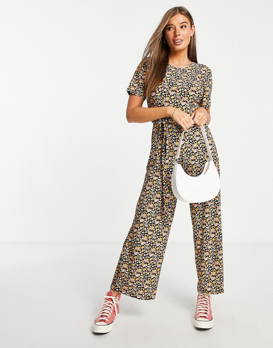 Wednesday's Girl relaxed belted jumpsuit with wide leg in black floral