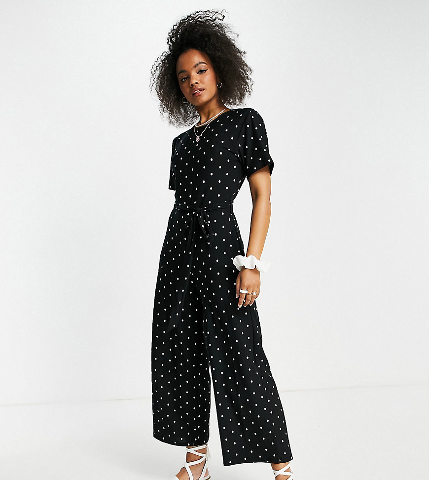 Wednesday's Girl relaxed belted jumpsuit with wide leg in polka dot-Black