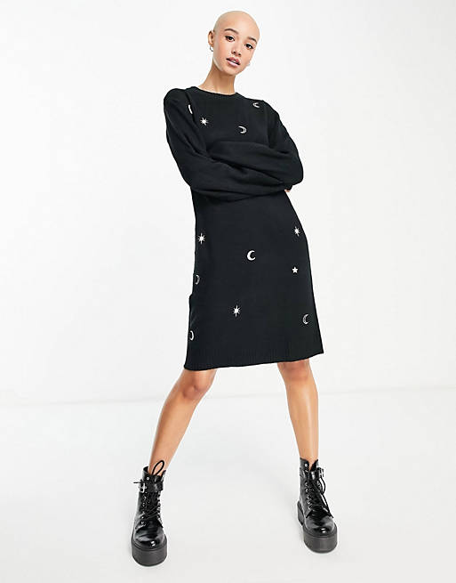 Wednesday's Girl relaxed jumper dress with celestial embroidery