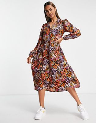 Wednesday's Girl relaxed midi shirt smock dress in mixed ditsy floral