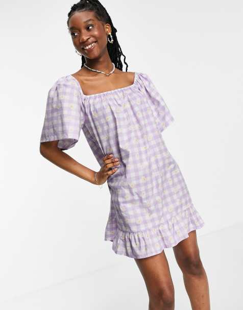 Wednesday's Girl relaxed mini smock dress in daisy printed gingham - view 1