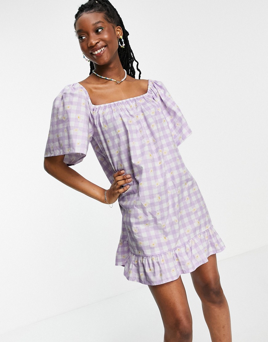 Wednesday's Girl relaxed mini smock dress in daisy printed gingham-Purple
