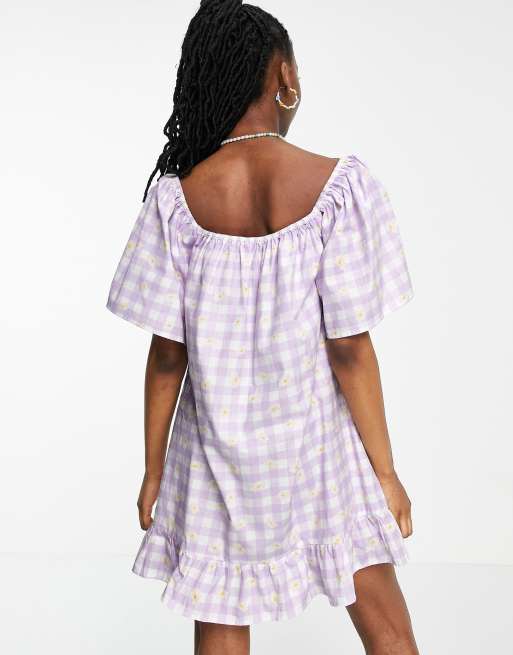 Wednesday's Girl relaxed mini smock dress in daisy printed gingham, 2 of 4