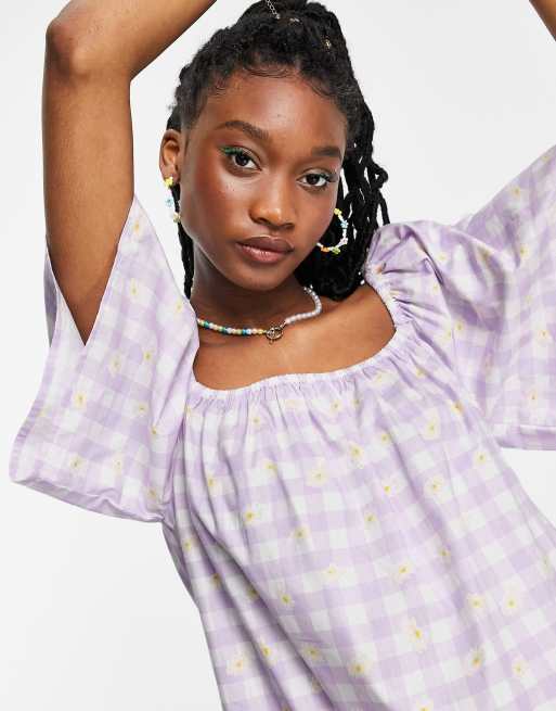 Wednesday's Girl relaxed mini smock dress in daisy printed gingham, 3 of 4
