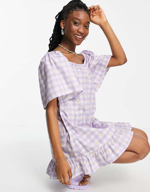 Wednesday's Girl relaxed mini smock dress in daisy printed gingham, 4 of 4