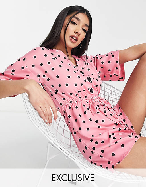 Wednesday's Girl relaxed playsuit with drawstring waist in scattered polka dot