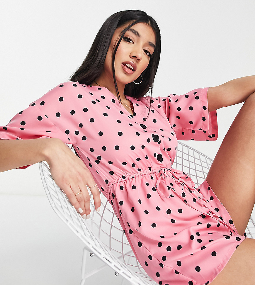 Wednesday's Girl relaxed romper with drawstring waist in scattered polka dot-Pink