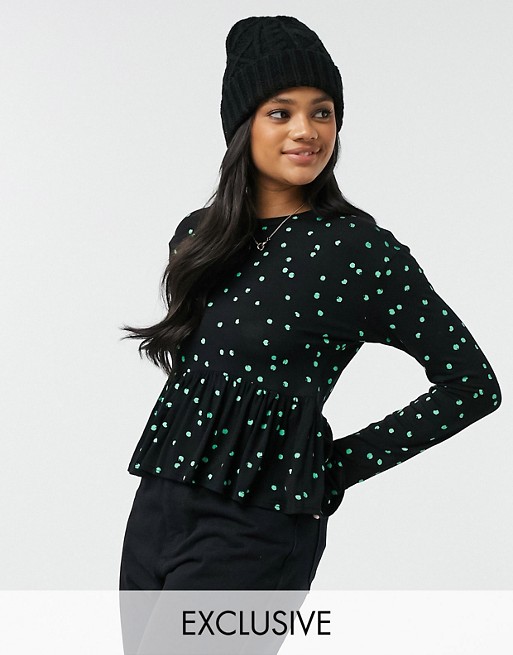Wednesday's Girl relaxed smock top with peplum hem in scattered spot