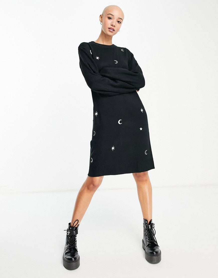 Wednesday's Girl relaxed sweater dress with celestial embroidery-Black