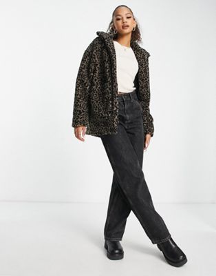 Wednesday's Girl relaxed zip up borg jacket in leopard