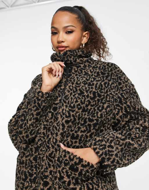 Wednesday's Girl relaxed zip up teddy jacket in leopard