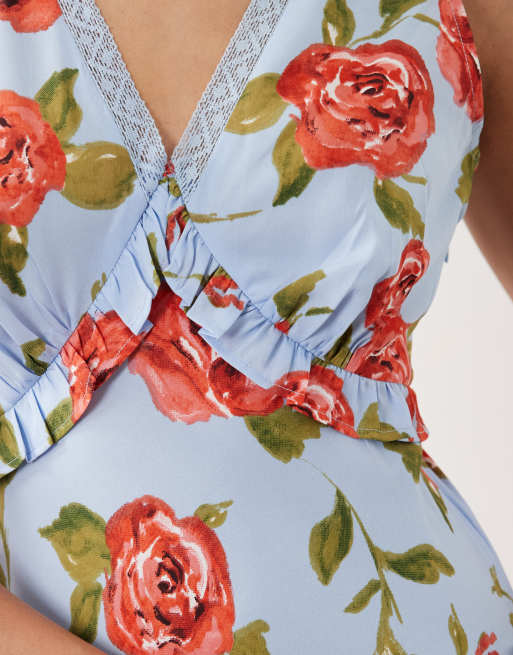 Wednesday's Girl - Robe à fleurs avec décolleté plongeant - Bleu, 3 de 4