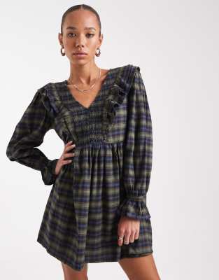 Robe babydoll courte à carreaux et volants - Vert et bleu marine M