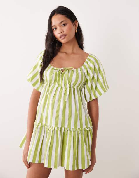 Wednesday's Girl - Robe babydoll courte à rayures - Vert - view 1