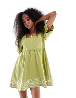 Robe babydoll courte texturée à manches bouffantes - Vert XS