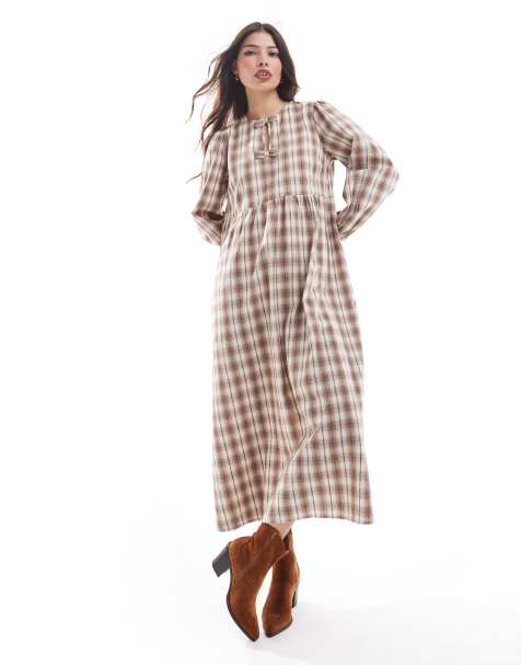 Wednesday's Girl - Robe babydoll longueur mollet à carreaux - Gris - view 1