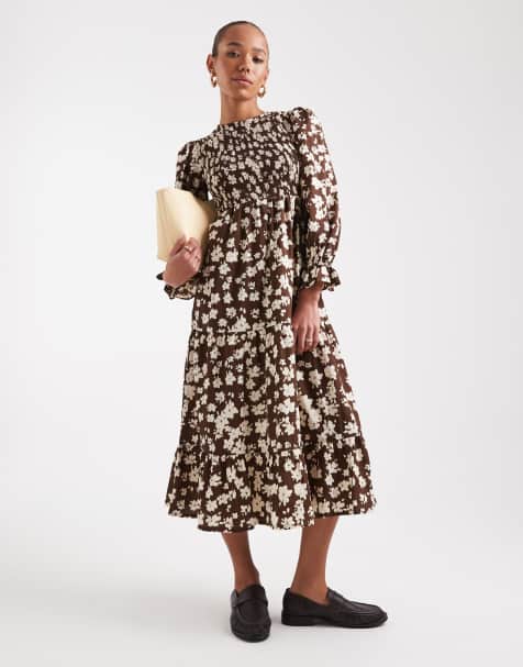 Wednesday's Girl - Robe babydoll longueur mollet à fronces et petites fleurs - Marron - view 1