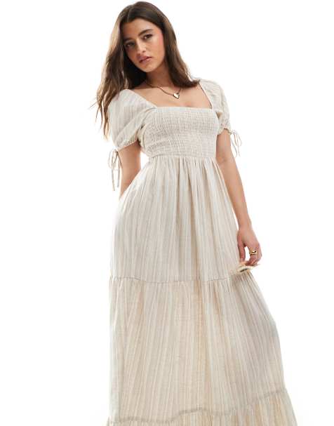 Wednesday's Girl - Robe babydoll longueur mollet effet froncé - Beige rayé - view 1