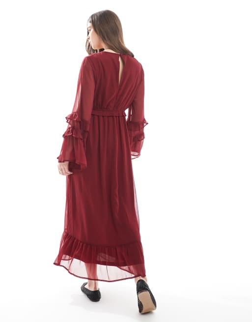 Wednesday's Girl - Robe col V et fluide longueur mollet - Bordeaux, 2 de 4