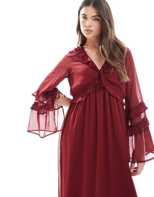 Wednesday's Girl - Robe col V et fluide longueur mollet - Bordeaux, 3 de 4