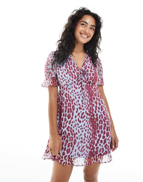 Wednesday's Girl - Robe courte à col V et imprimé léopard - Bleu et bordeaux - view 1