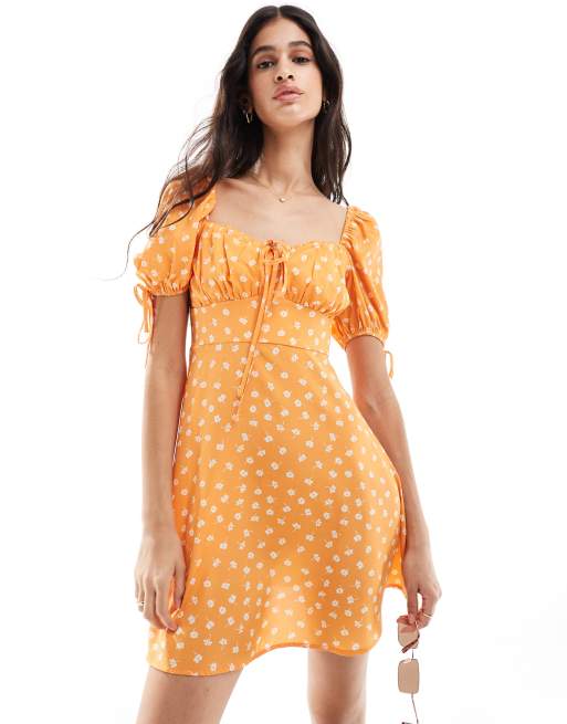 Wednesday's Girl - Robe courte à détail noué et imprimé pâquerettes - Orange