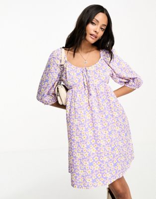 Wednesday's Girl puff sleeve floral print mini dress in lilac - ASOS Price Checker