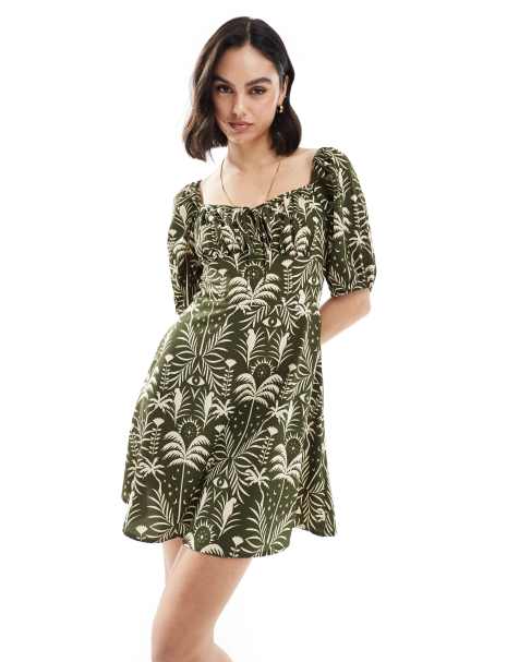 Wednesday's Girl - Robe courte à manches bouffantes et imprimé palmier - Kaki - view 1