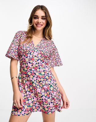 Wednesday's Girl flutter sleeve floral print mini dress in pink - ASOS Price Checker