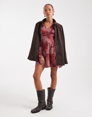 Robe courte à pois tachetés et col V - Bordeaux/rose-Rouge XL