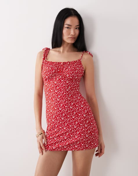 Wednesday's Girl - Robe courte sans bretelles en jersey imprimé fleuri à encolure bardot - Rouge - view 1