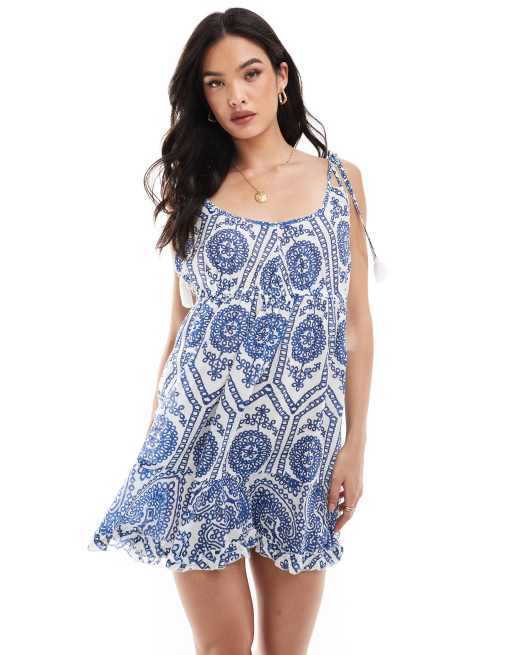 Wednesday s Girl Robe de plage courte coupe babydoll avec imprime broderies Bleu