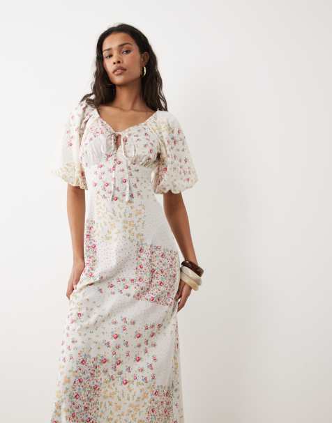 Wednesday's Girl - Robe fluide longueur mollet à imprimé fleuri effet coupé-cousu - Beige - view 1