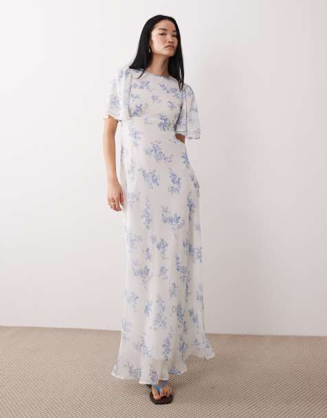 Wednesday's Girl - Robe longue à imprimé fleuri avec col montant et manches volantées - Bleu - view 1