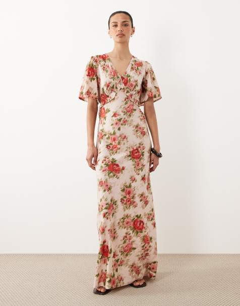 Wednesday's Girl - Robe longue à imprimé fleurs avec col V et manches évasées - Rose - view 1