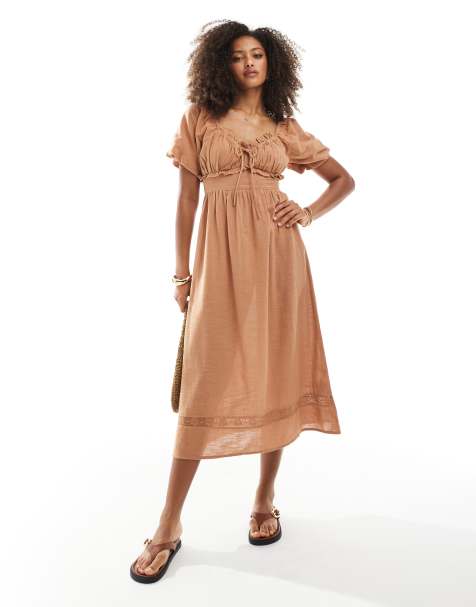 Wednesday's Girl - Robe longueur mollet à corsage froncé - Sable - view 1